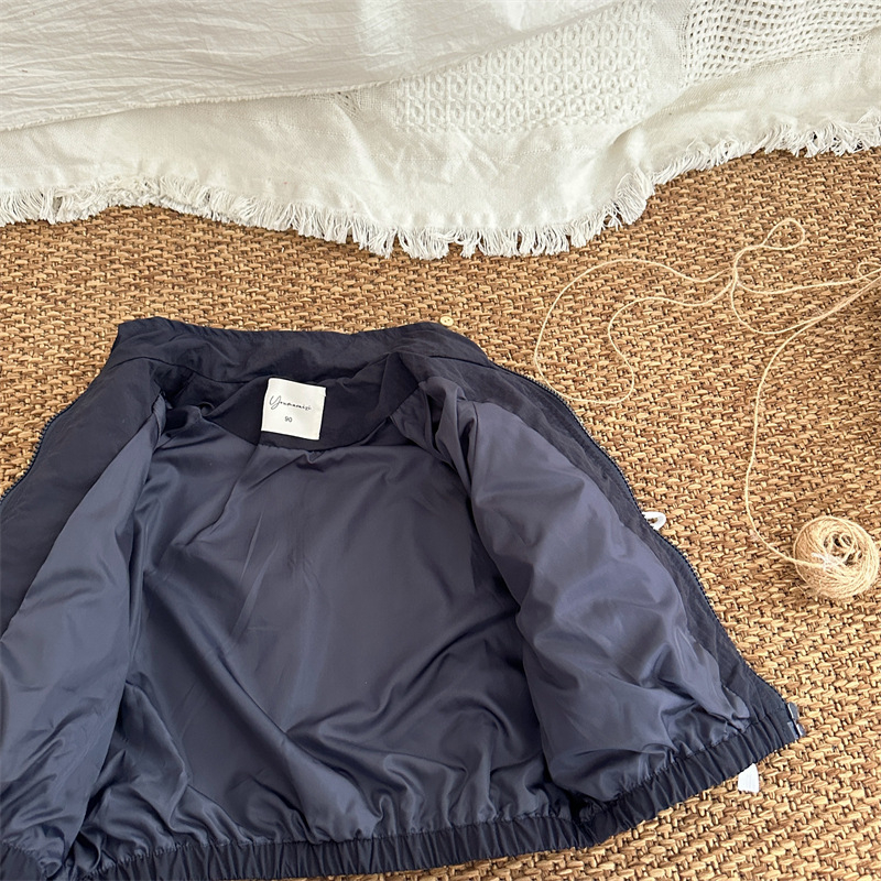 Dječja jakna u K-stilu s mašnom i trakom, jednofarbna, jesen 2024, dugi rukavi, stojeći ovratnik, zatvaranje zipom, uzrast 1–3 godine