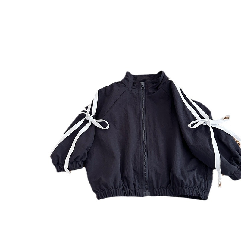 Dječja jakna u K-stilu s mašnom i trakom, jednofarbna, jesen 2024, dugi rukavi, stojeći ovratnik, zatvaranje zipom, uzrast 1–3 godine