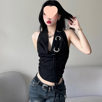 Halter top, uski kroj, jednobojni chenille materijal sa Spandexom ispod 30%, Ljeto 2024