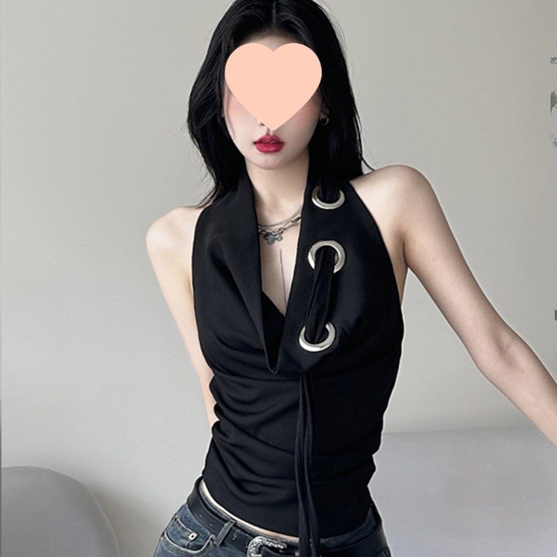 Halter top, uski kroj, jednobojni chenille materijal sa Spandexom ispod 30%, Ljeto 2024