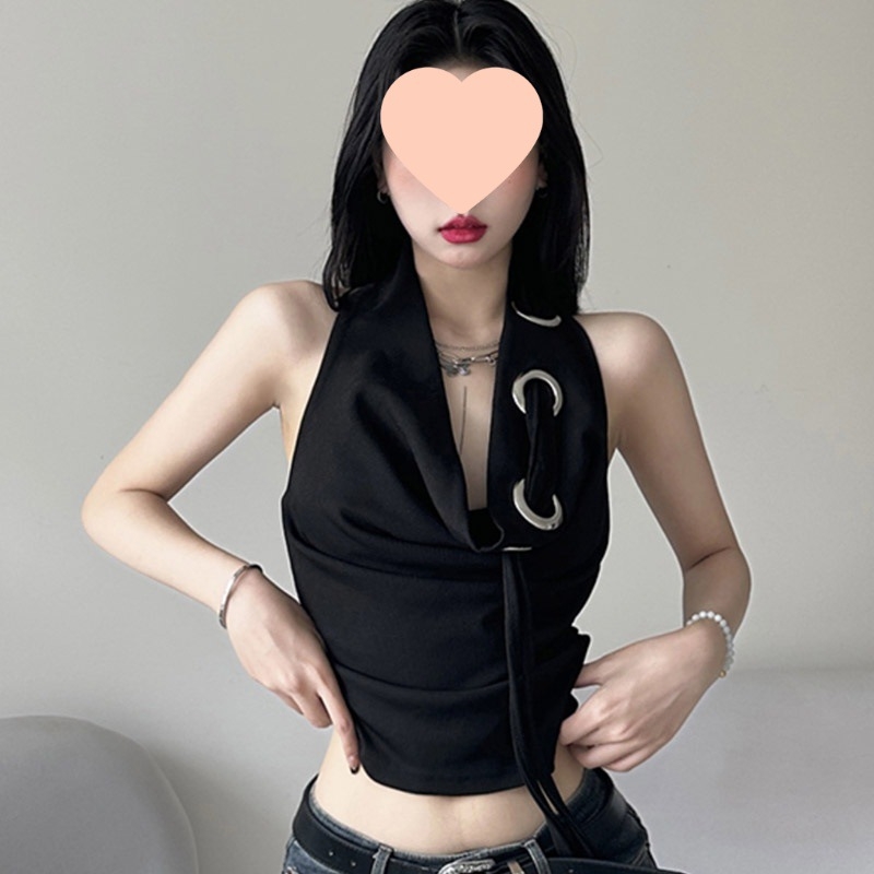 Halter top, uski kroj, jednobojni chenille materijal sa Spandexom ispod 30%, Ljeto 2024