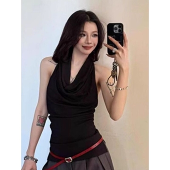 Crni halter top od modalne i pamuka, bez rukava, uski kroj, ljeto