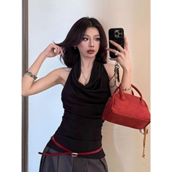 Crni halter top od modalne i pamuka, bez rukava, uski kroj, ljeto
