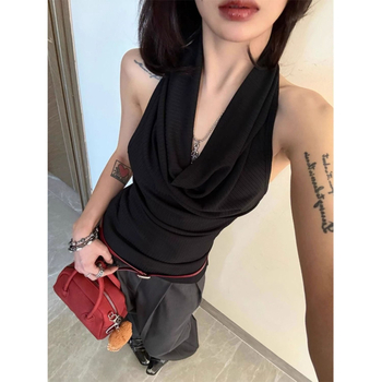 Crni halter top od modalne i pamuka, bez rukava, uski kroj, ljeto