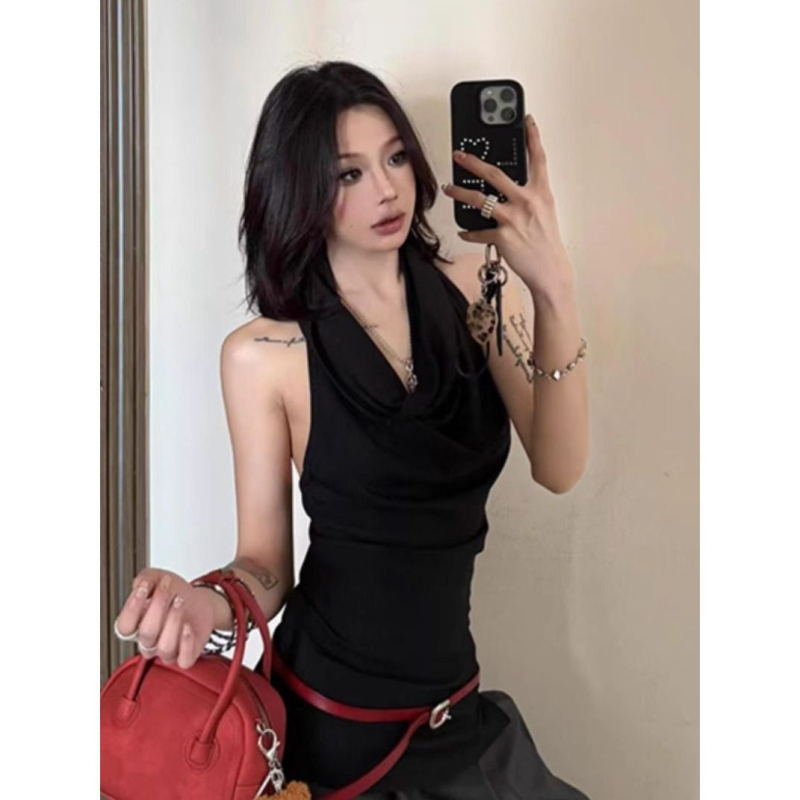 Crni halter top od modalne i pamuka, bez rukava, uski kroj, ljeto