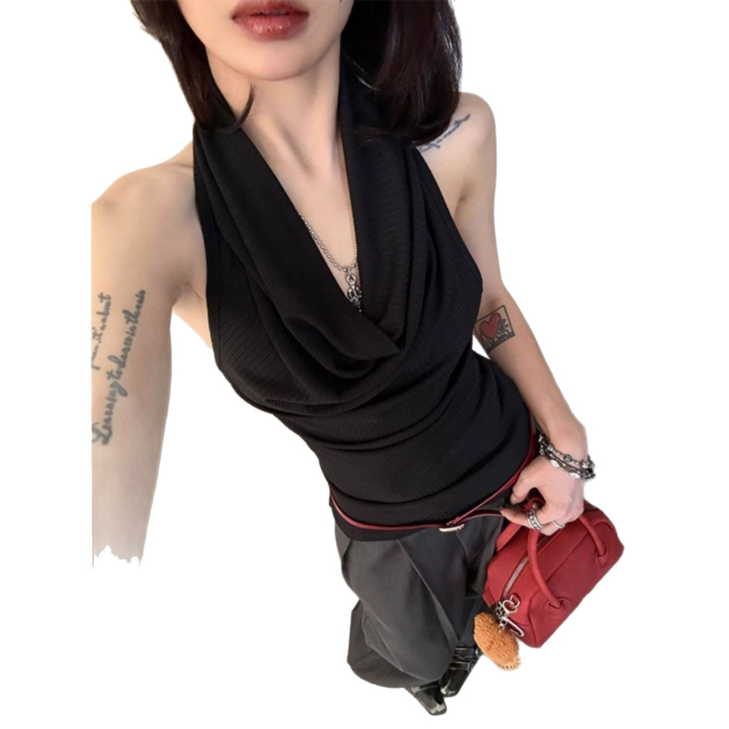 Crni halter top od modalne i pamuka, bez rukava, uski kroj, ljeto