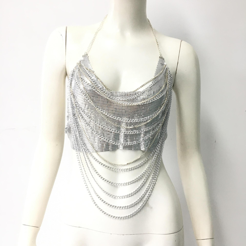 Ženski top s metalnom lancem – halter kroj, slim fit, ultra kratka duljina, jednobojni uzorak
