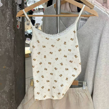 Ženski top bez rukava s potpisom medvjeda i čipkom – sling stil, uska kroj, pamuk 70–80%