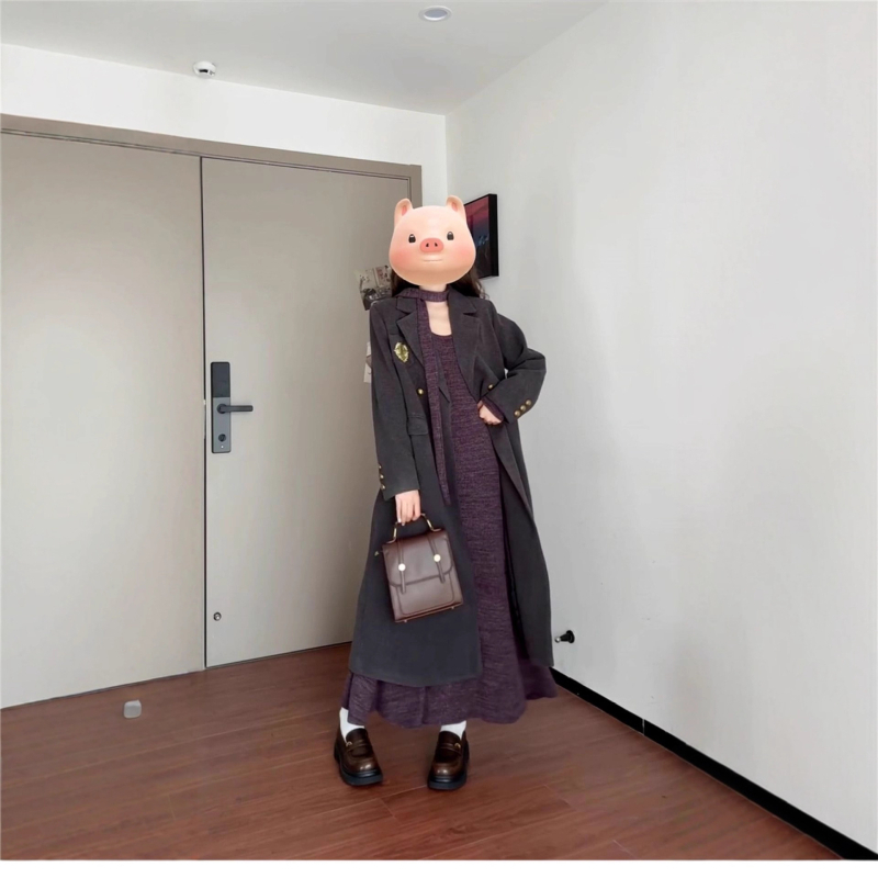 Trudnička pletena haljina za jesen-zimu, poliester, U-vrat, duga suknja, casual Japansko-korejski stil