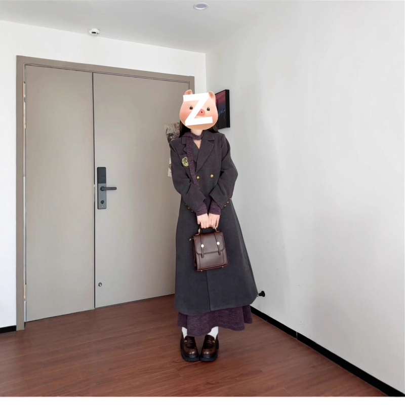 Trudnička pletena haljina za jesen-zimu, poliester, U-vrat, duga suknja, casual Japansko-korejski stil