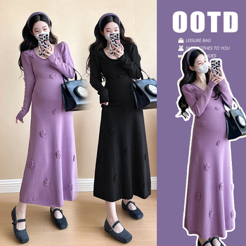 Yunwei tehotenské šaty – kórejský štýl, výšivka, strih A-line, kruhový výstrih, dlhý rukáv