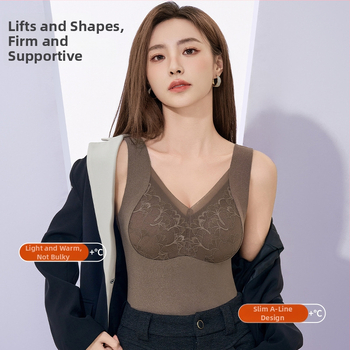 Γυναικείο θερμικό γιλέκο με δαντέλα, ενσωματωμένες επενδύσεις στήθους, παχύ πολυεστερικό ύφασμα 201–250 g/m², V-σχήματος λαιμού