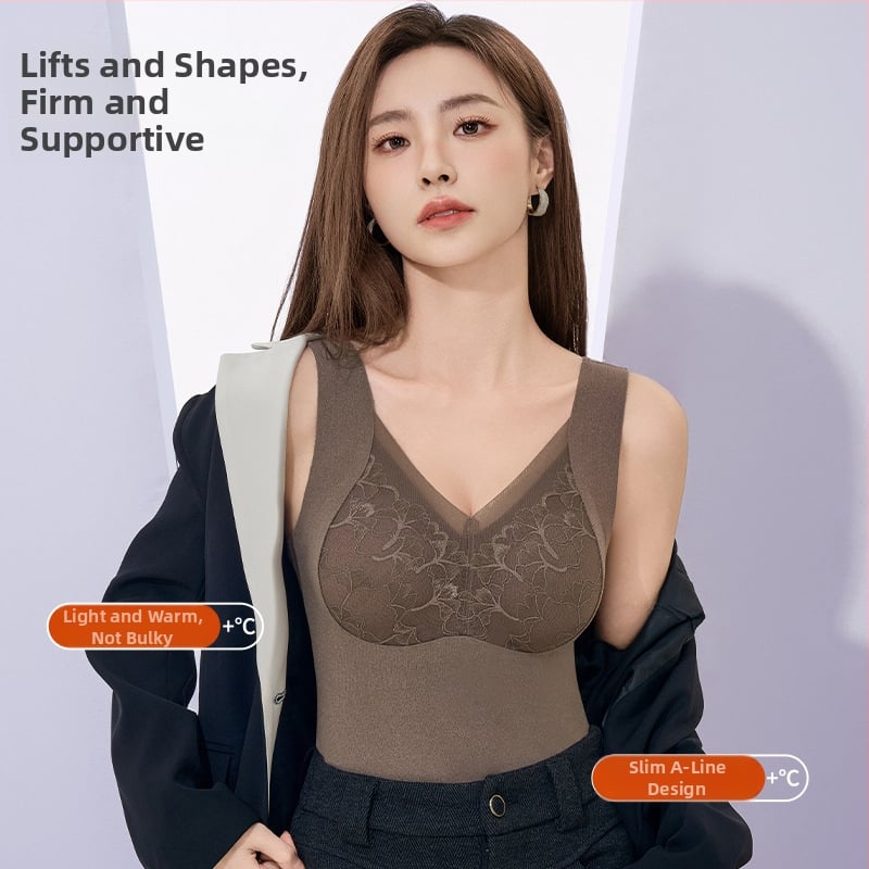 Γυναικείο θερμικό γιλέκο με δαντέλα, ενσωματωμένες επενδύσεις στήθους, παχύ πολυεστερικό ύφασμα 201–250 g/m², V-σχήματος λαιμού