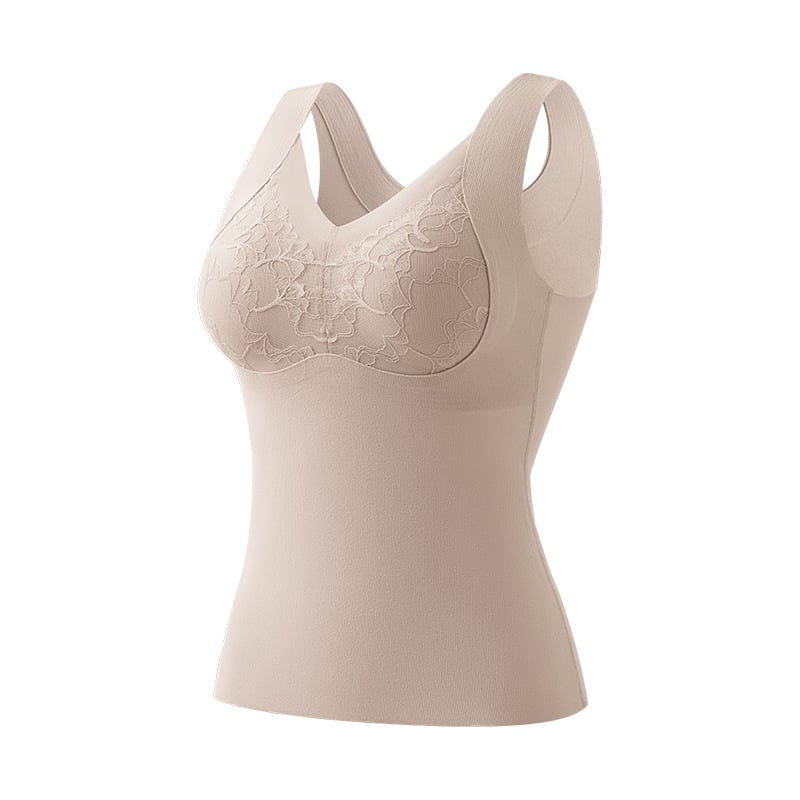 Γυναικείο θερμικό γιλέκο με δαντέλα, ενσωματωμένες επενδύσεις στήθους, παχύ πολυεστερικό ύφασμα 201–250 g/m², V-σχήματος λαιμού