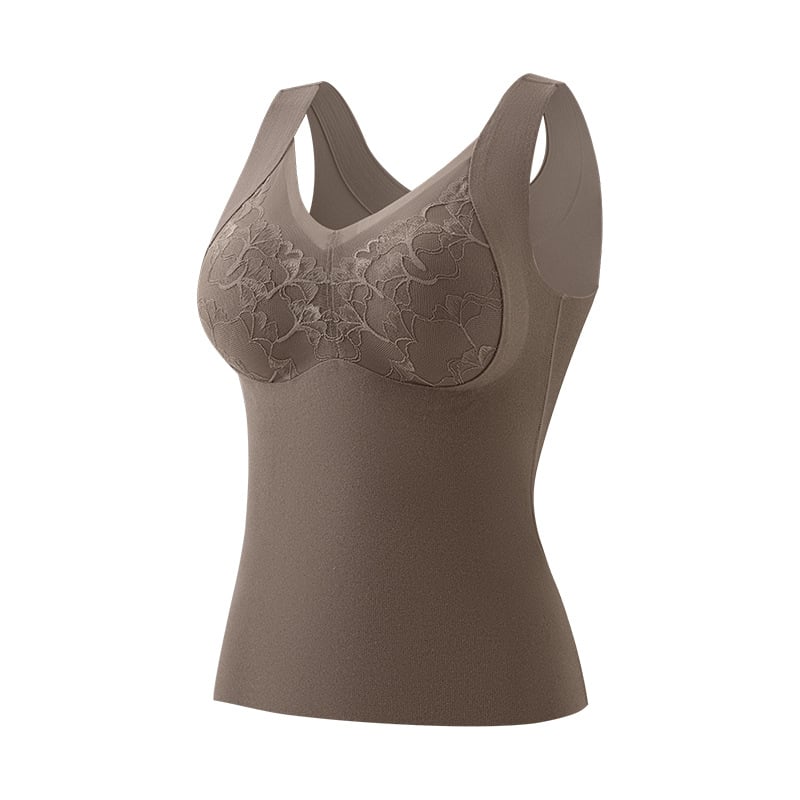 Γυναικείο θερμικό γιλέκο με δαντέλα, ενσωματωμένες επενδύσεις στήθους, παχύ πολυεστερικό ύφασμα 201–250 g/m², V-σχήματος λαιμού