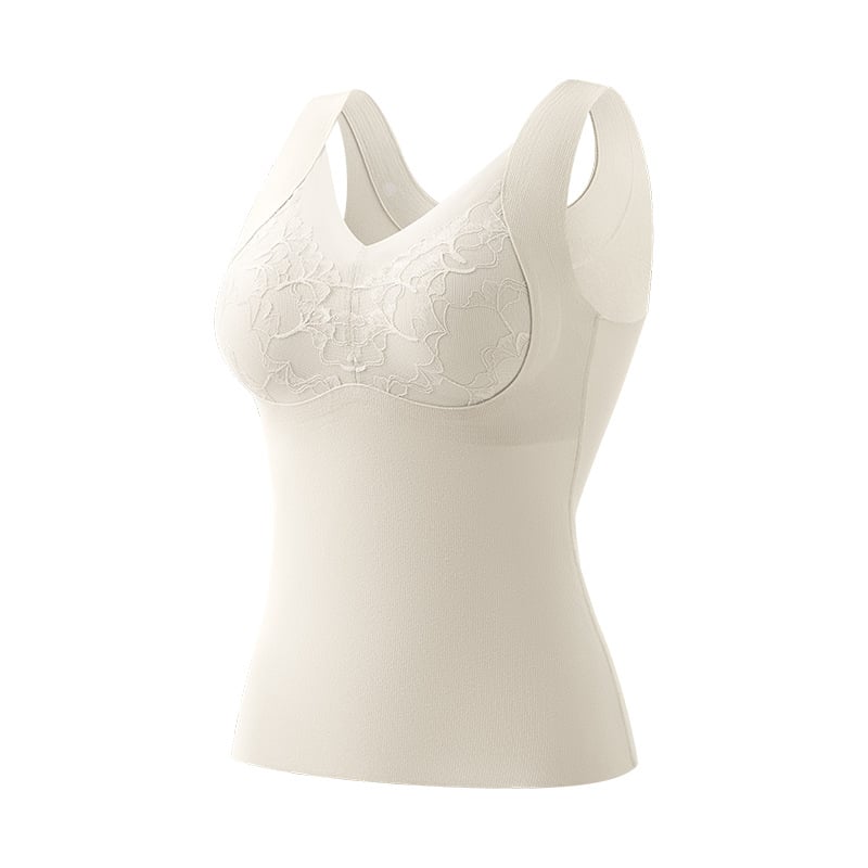 Γυναικείο θερμικό γιλέκο με δαντέλα, ενσωματωμένες επενδύσεις στήθους, παχύ πολυεστερικό ύφασμα 201–250 g/m², V-σχήματος λαιμού