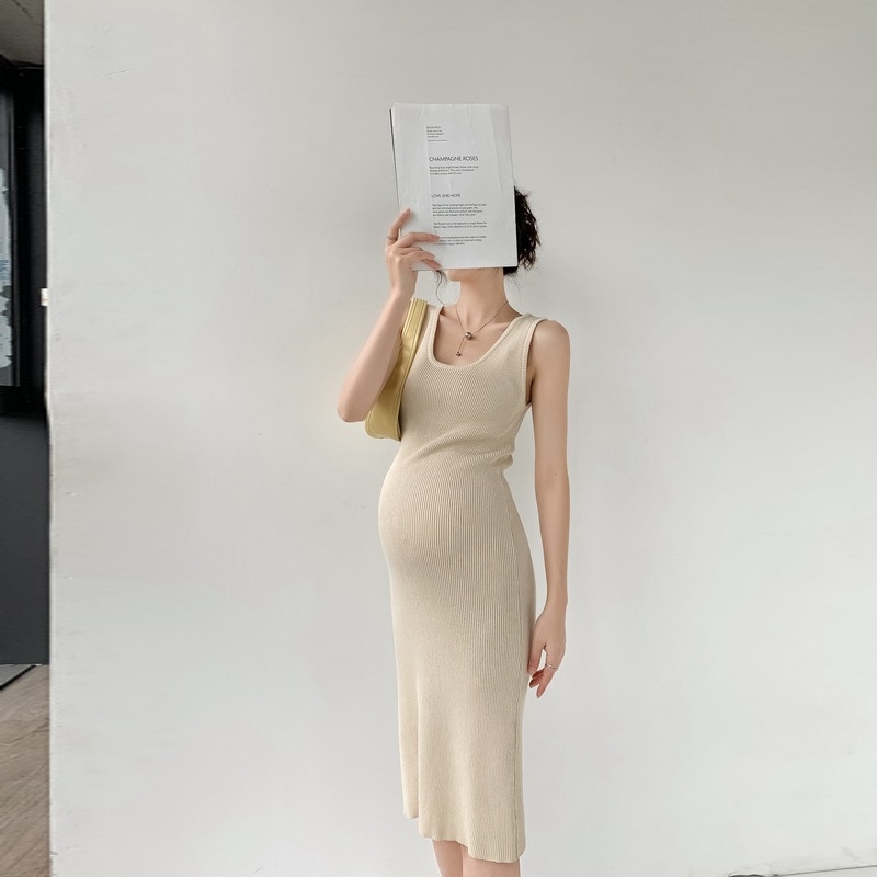 Nėščiųjų suknelė vasarai, korėjietiško stiliaus, be rankovių, U formos kaklo iškirptė, megztas audinys, 60% medvilnė, vidutinio ilgio