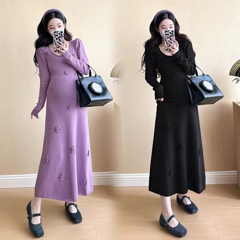 Nėščiųjų suknelė korėjietišku stiliumi, rudens-žiemos laikotarpis, A linijos siluetas, siuvinėjimas, midi ilgis