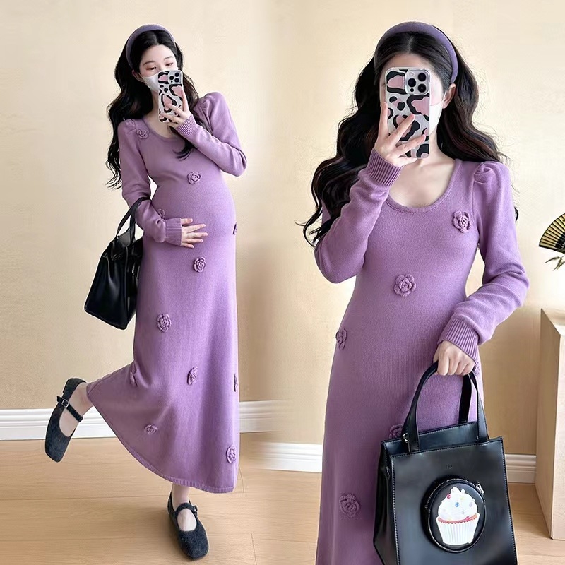 Nėščiųjų suknelė korėjietišku stiliumi, rudens-žiemos laikotarpis, A linijos siluetas, siuvinėjimas, midi ilgis