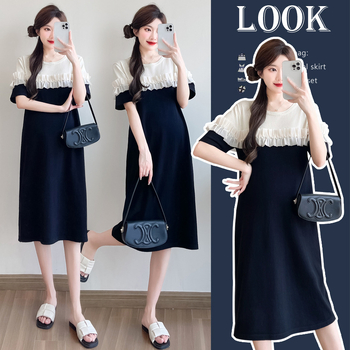 Nėščiųjų suknelė su patchwork, A‑linijos siluetas, midi ilgis, apvali iškirptė, 3/4 rankovės