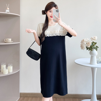 Nėščiųjų suknelė su patchwork, A‑linijos siluetas, midi ilgis, apvali iškirptė, 3/4 rankovės