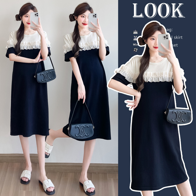 Nėščiųjų suknelė su patchwork, A‑linijos siluetas, midi ilgis, apvali iškirptė, 3/4 rankovės