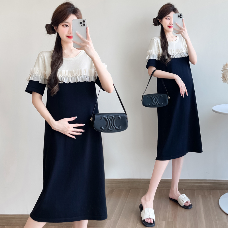 Nėščiųjų suknelė su patchwork, A‑linijos siluetas, midi ilgis, apvali iškirptė, 3/4 rankovės