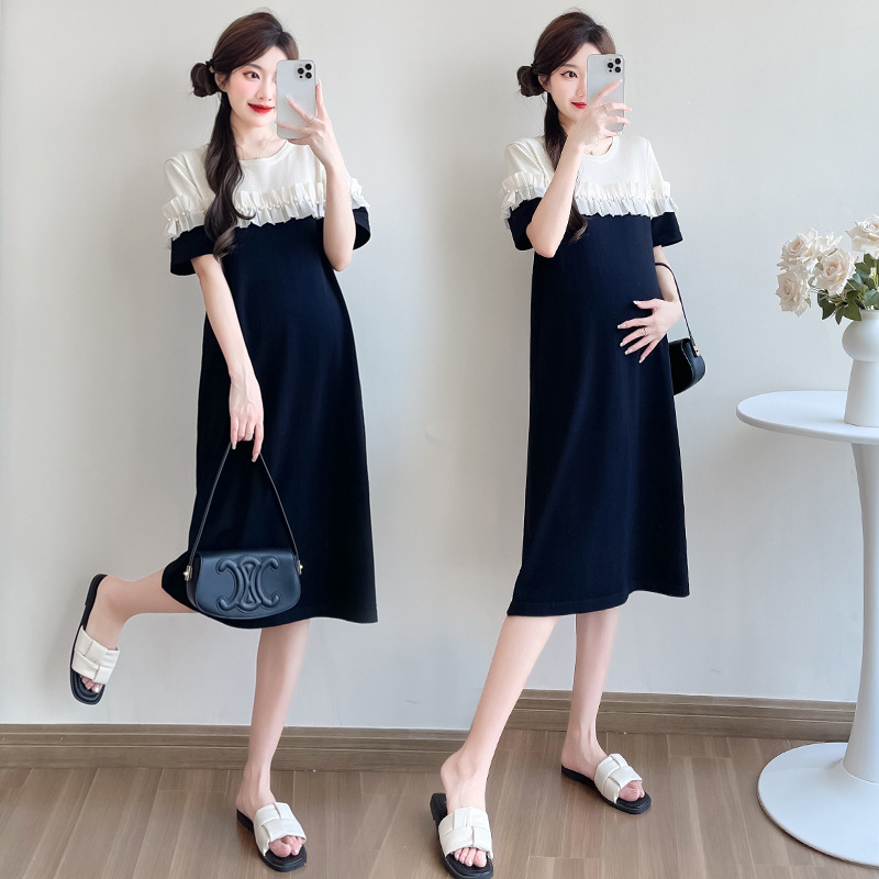 Nėščiųjų suknelė su patchwork, A‑linijos siluetas, midi ilgis, apvali iškirptė, 3/4 rankovės