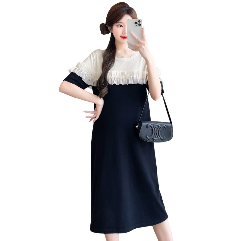 Nėščiųjų suknelė su patchwork, A‑linijos siluetas, midi ilgis, apvali iškirptė, 3/4 rankovės