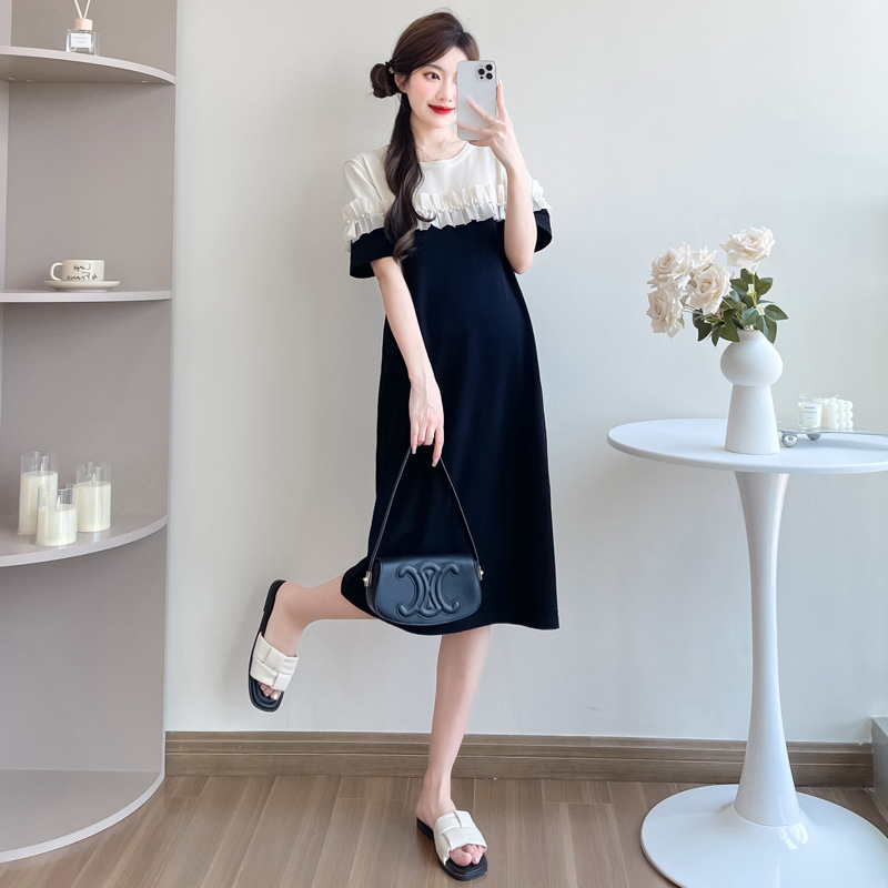 Nėščiųjų suknelė su patchwork, A‑linijos siluetas, midi ilgis, apvali iškirptė, 3/4 rankovės