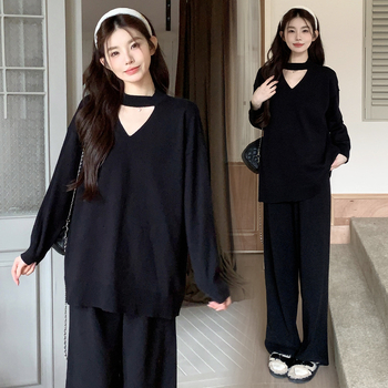 Nėščiosios megztinis kostiumas: topas su ilgomis rankovėmis ir plačios kelnės, vientisas audinys, žiema 2024, japonų-korejiečių laisvalaikio stilius