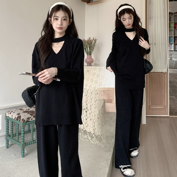 Nėščiosios megztinis kostiumas: topas su ilgomis rankovėmis ir plačios kelnės, vientisas audinys, žiema 2024, japonų-korejiečių laisvalaikio stilius