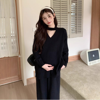 Nėščiosios megztinis kostiumas: topas su ilgomis rankovėmis ir plačios kelnės, vientisas audinys, žiema 2024, japonų-korejiečių laisvalaikio stilius