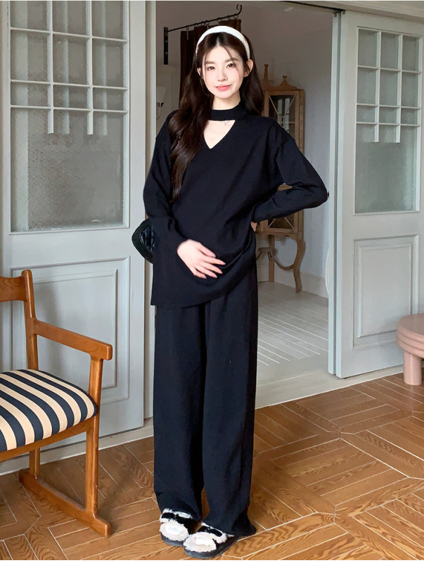 Nėščiosios megztinis kostiumas: topas su ilgomis rankovėmis ir plačios kelnės, vientisas audinys, žiema 2024, japonų-korejiečių laisvalaikio stilius