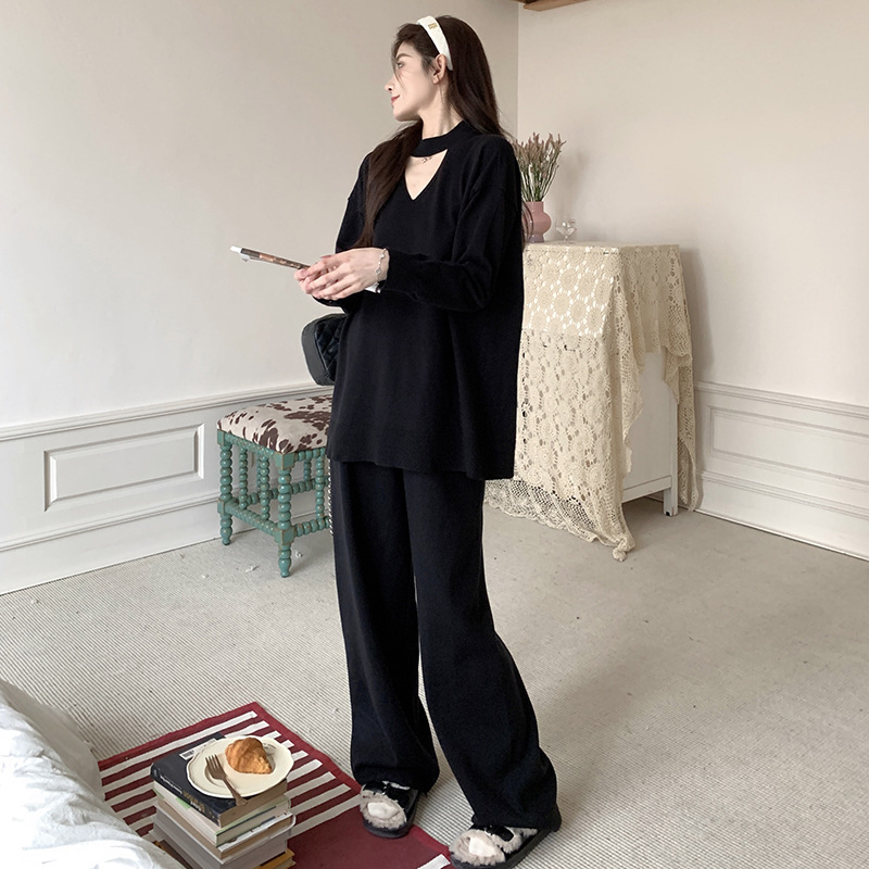 Nėščiosios megztinis kostiumas: topas su ilgomis rankovėmis ir plačios kelnės, vientisas audinys, žiema 2024, japonų-korejiečių laisvalaikio stilius
