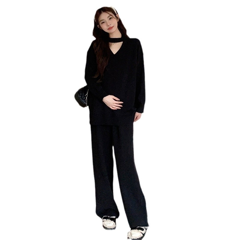 Nėščiosios megztinis kostiumas: topas su ilgomis rankovėmis ir plačios kelnės, vientisas audinys, žiema 2024, japonų-korejiečių laisvalaikio stilius