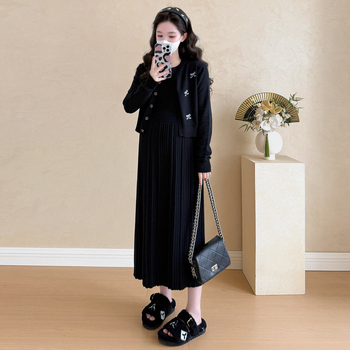 Nėščiųjų megztinis komplektas: išsiuvinėtas kaspinu viršutinei ir plisė sijonas – du dalių komplektas, ilgomis rankovėmis, vidutinio ilgio sijonas, žiema, Korėjos gatvės stilius