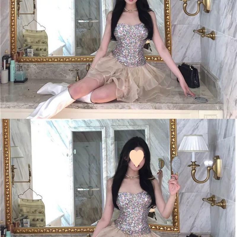 Haljina bez naramenica sa šljokicama, puffasta suknja tipa torta, srednji struk, poliester