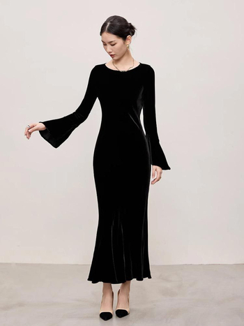 Večernja haljina od baršuna, jednobojna, stil ribljeg repa i društveni stil, dugi rukavi, zaobljeni izrez