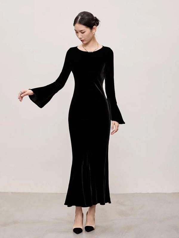Večernja haljina od baršuna, jednobojna, stil ribljeg repa i društveni stil, dugi rukavi, zaobljeni izrez