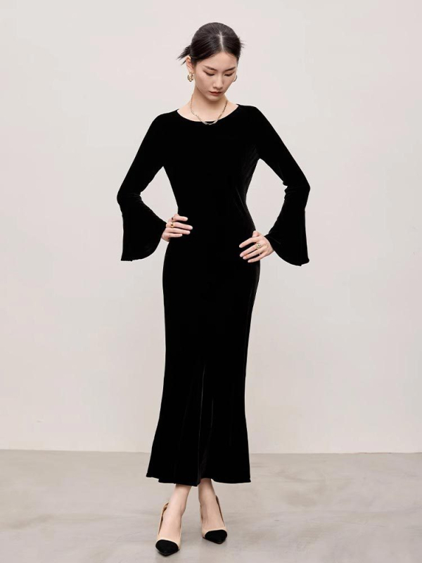 Večernja haljina od baršuna, jednobojna, stil ribljeg repa i društveni stil, dugi rukavi, zaobljeni izrez