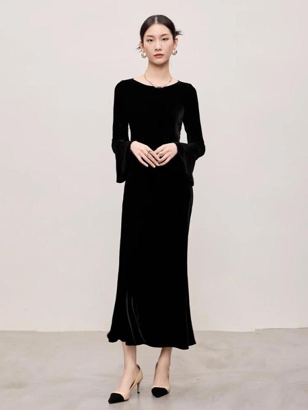 Večernja haljina od baršuna, jednobojna, stil ribljeg repa i društveni stil, dugi rukavi, zaobljeni izrez