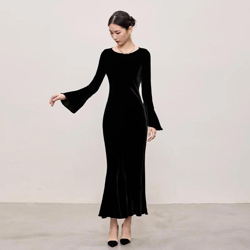 Večernja haljina od baršuna, jednobojna, stil ribljeg repa i društveni stil, dugi rukavi, zaobljeni izrez