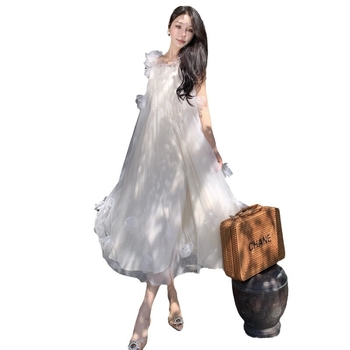 Ženska haljina s trakama, šumski stil, A-linijska midi duljina, bez rukava, poliester