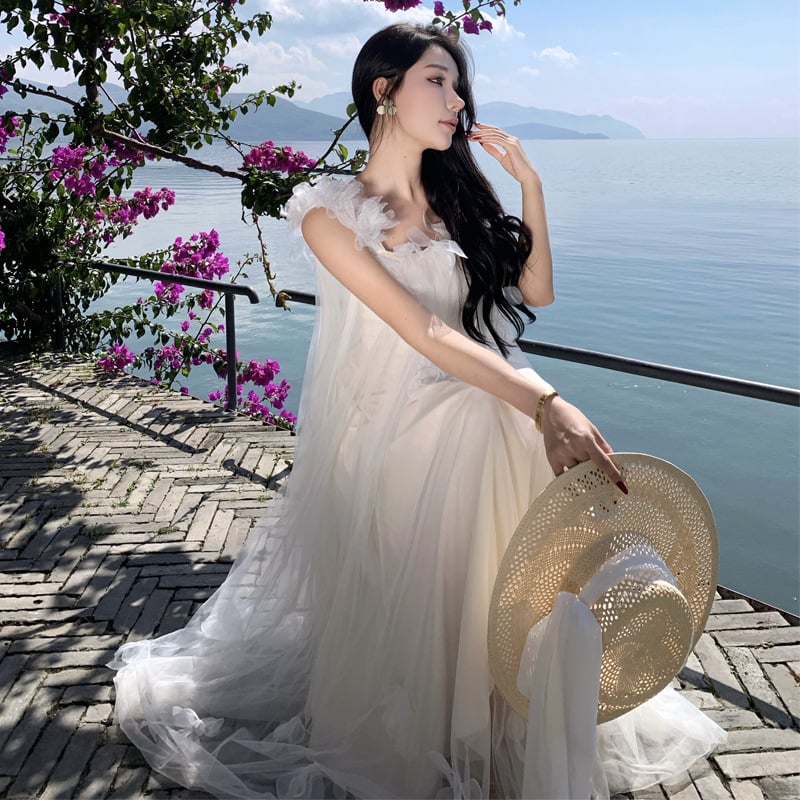 Ženska haljina s trakama, šumski stil, A-linijska midi duljina, bez rukava, poliester