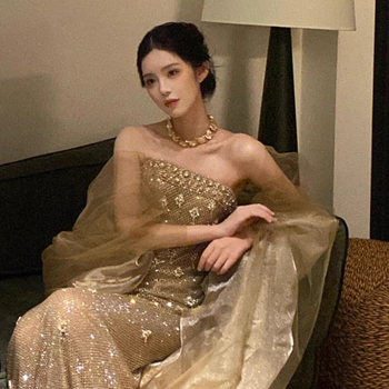 Večernja haljina s siluetom sirene, bez naramenica, bez rukava, visok struk, duga haljina