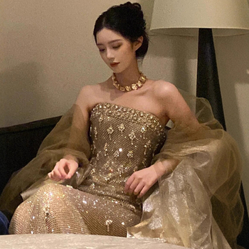 Večernja haljina s siluetom sirene, bez naramenica, bez rukava, visok struk, duga haljina