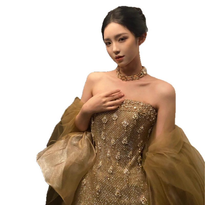 Večernja haljina s siluetom sirene, bez naramenica, bez rukava, visok struk, duga haljina