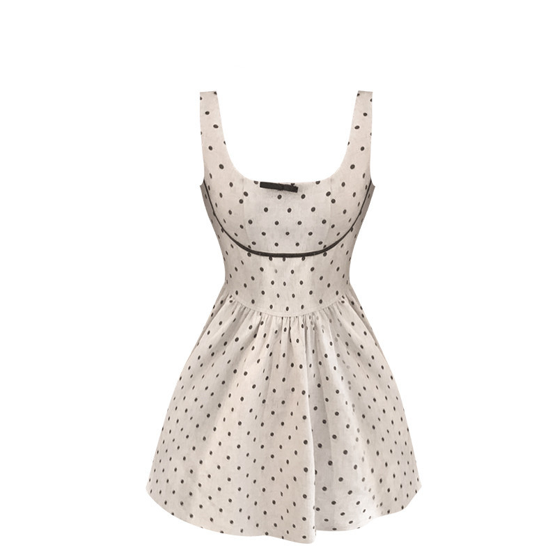 Φόρεμα από πολυεστέρα, τύπου τοπ με ψηλή μέση, χωρίς μανίκια, λαιμό σε σχήμα U, κοντό μήκος, μοτίβο με κυματιστές κουκκίδες και λεπτομέρειες κολλάζ