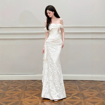 Rochie de mireasă în stil francez, siluetă A-line, talie înaltă, fără mâneci, lungă, poliester